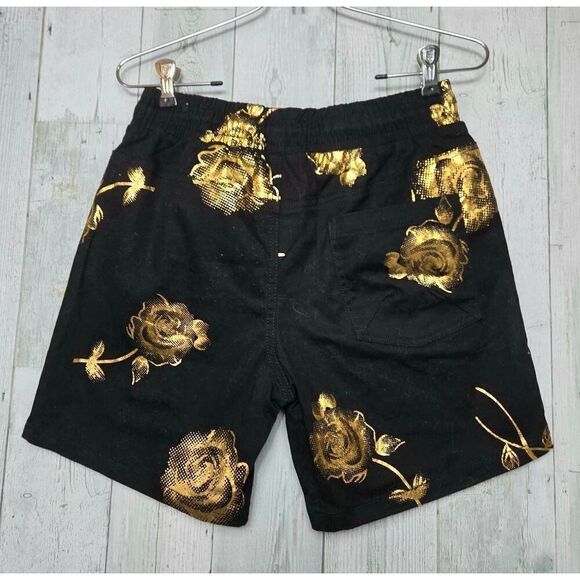 Drill Metallic Gold on Black Rose Flower Floral Statement Drawstring Shorts Sz. - Picture 3 of 4